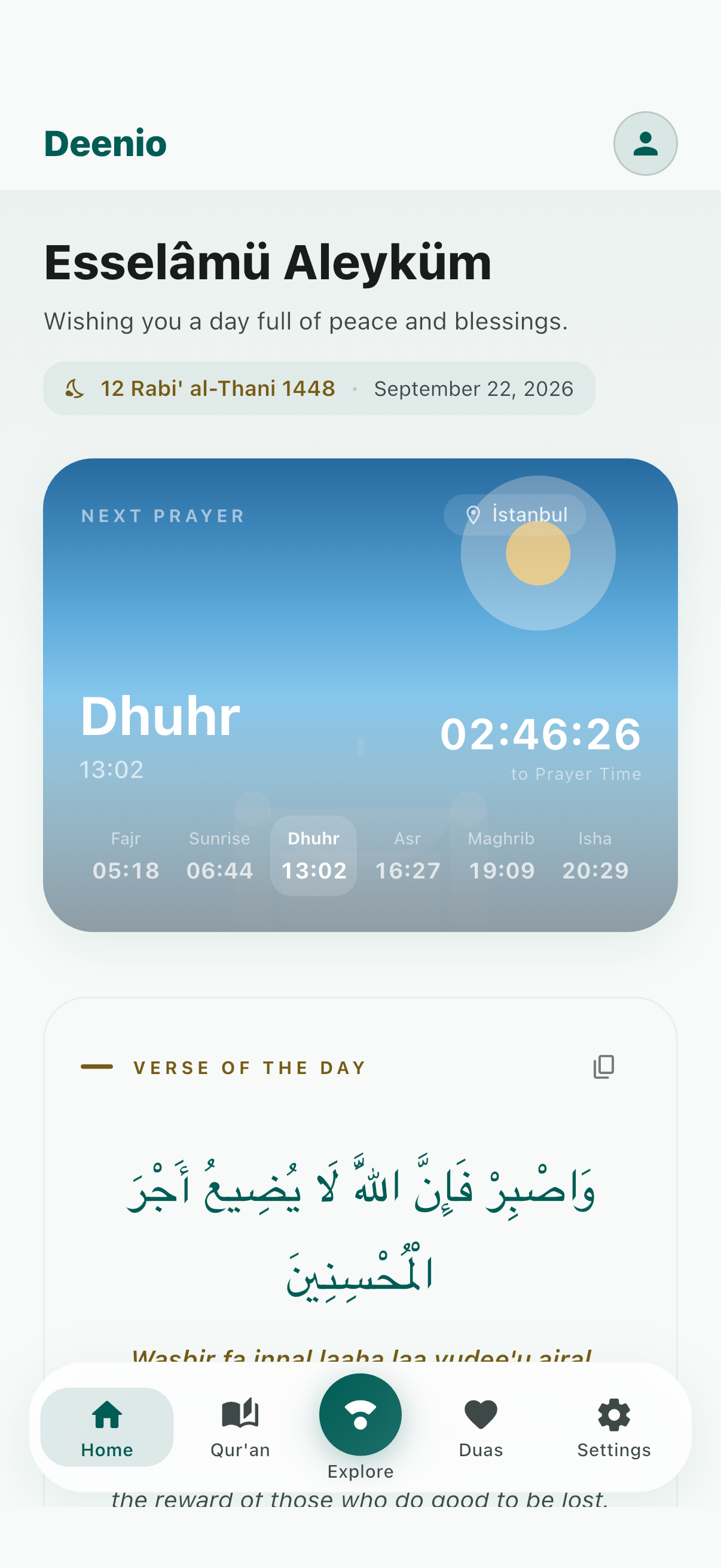 Deenio home screen with prayer times