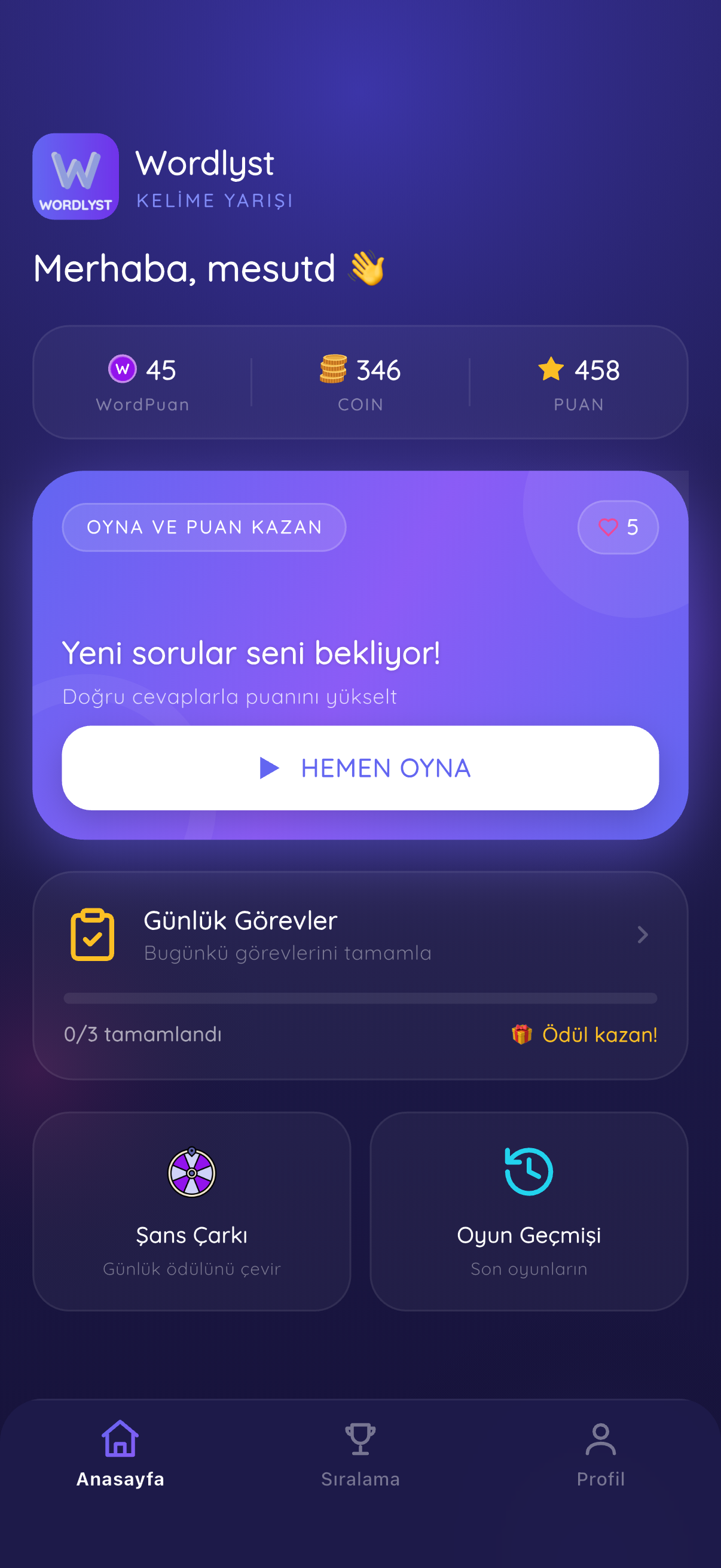 Wordlyst home screen on an iPhone